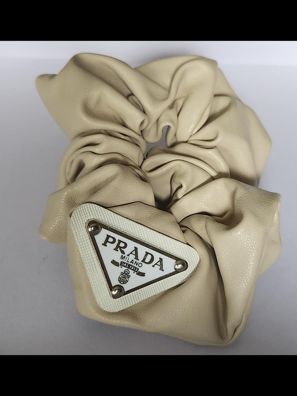 Prada Beige Leather Scrunchie with Logo Plaque